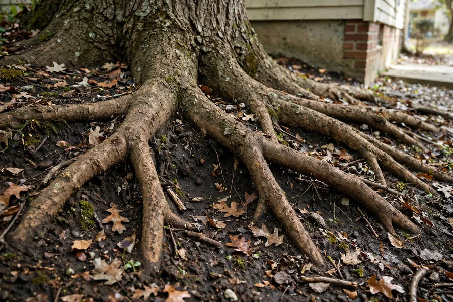 Thick tree roots spreading through soil in a Windermere residential yard
