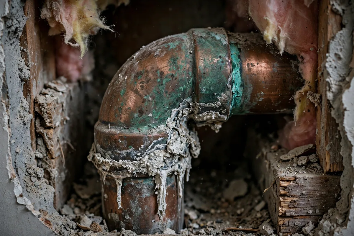 Close-up of a corroded copper pipe elbow with green patina at the joint inside a wall cavity