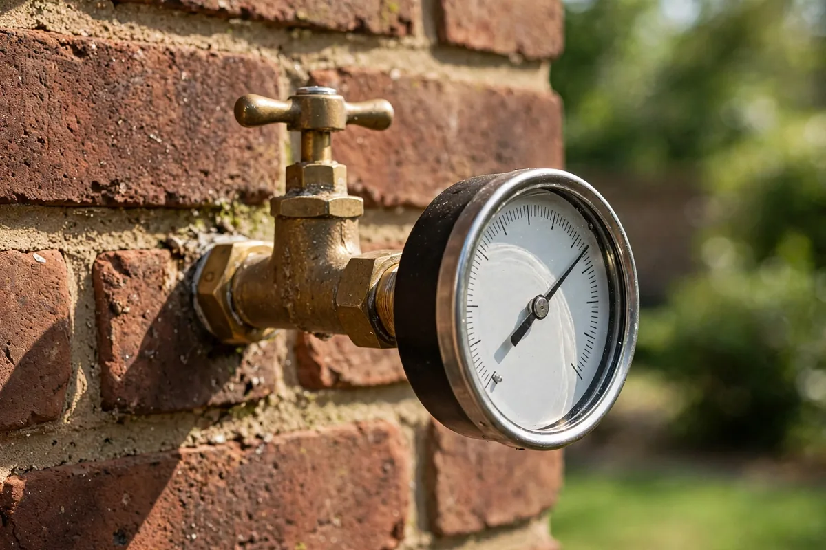 Pressure test gauge attached to an outdoor hose bib during a supply line pressure test
