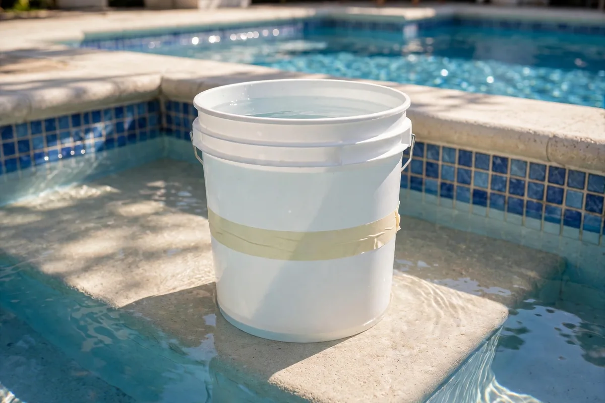 Bucket test on a pool step comparing pool water level to bucket water level for leak diagnosis