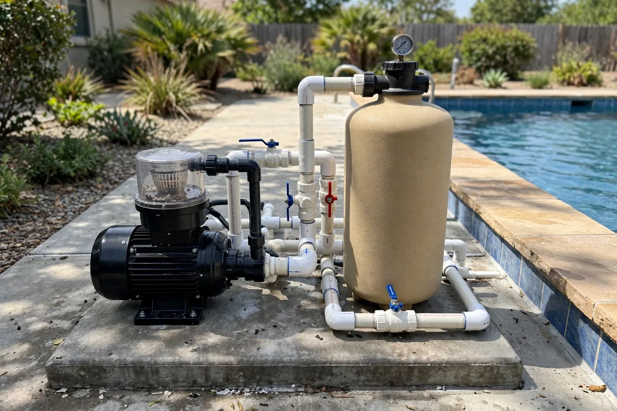 Pool equipment pad with pump, filter, and valves during a leak inspection