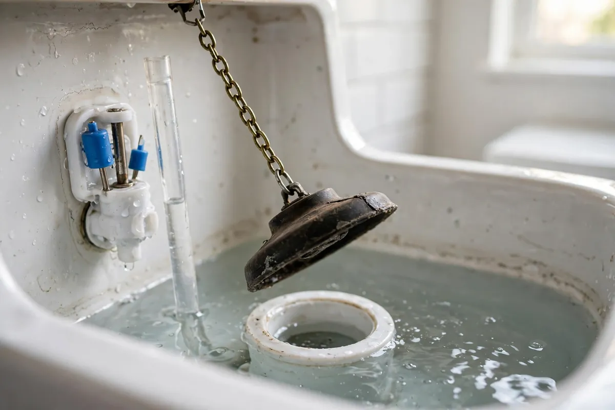 Worn toilet flapper valve lifted off its seat inside an open toilet tank
