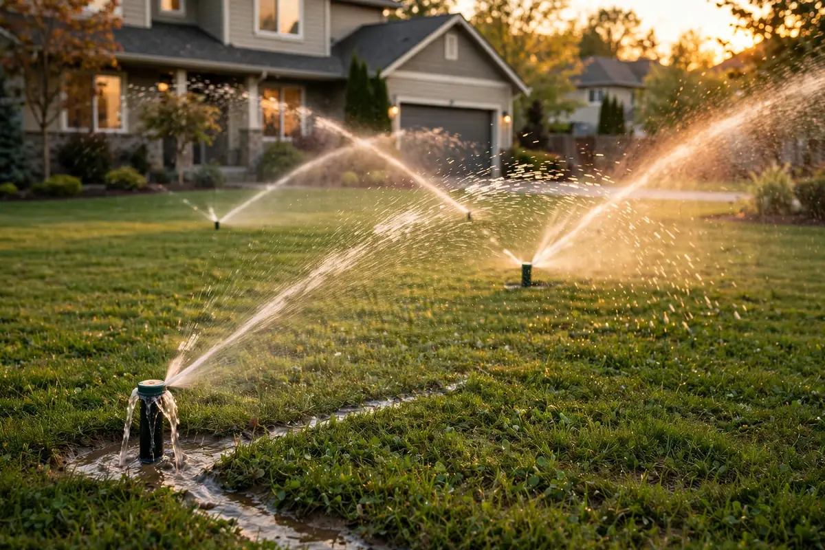 Lawn sprinkler heads spraying water with one head leaking at its base