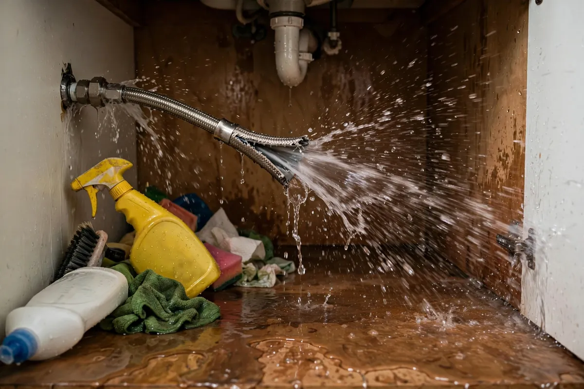 Burst supply hose under a bathroom sink spraying water into the cabinet