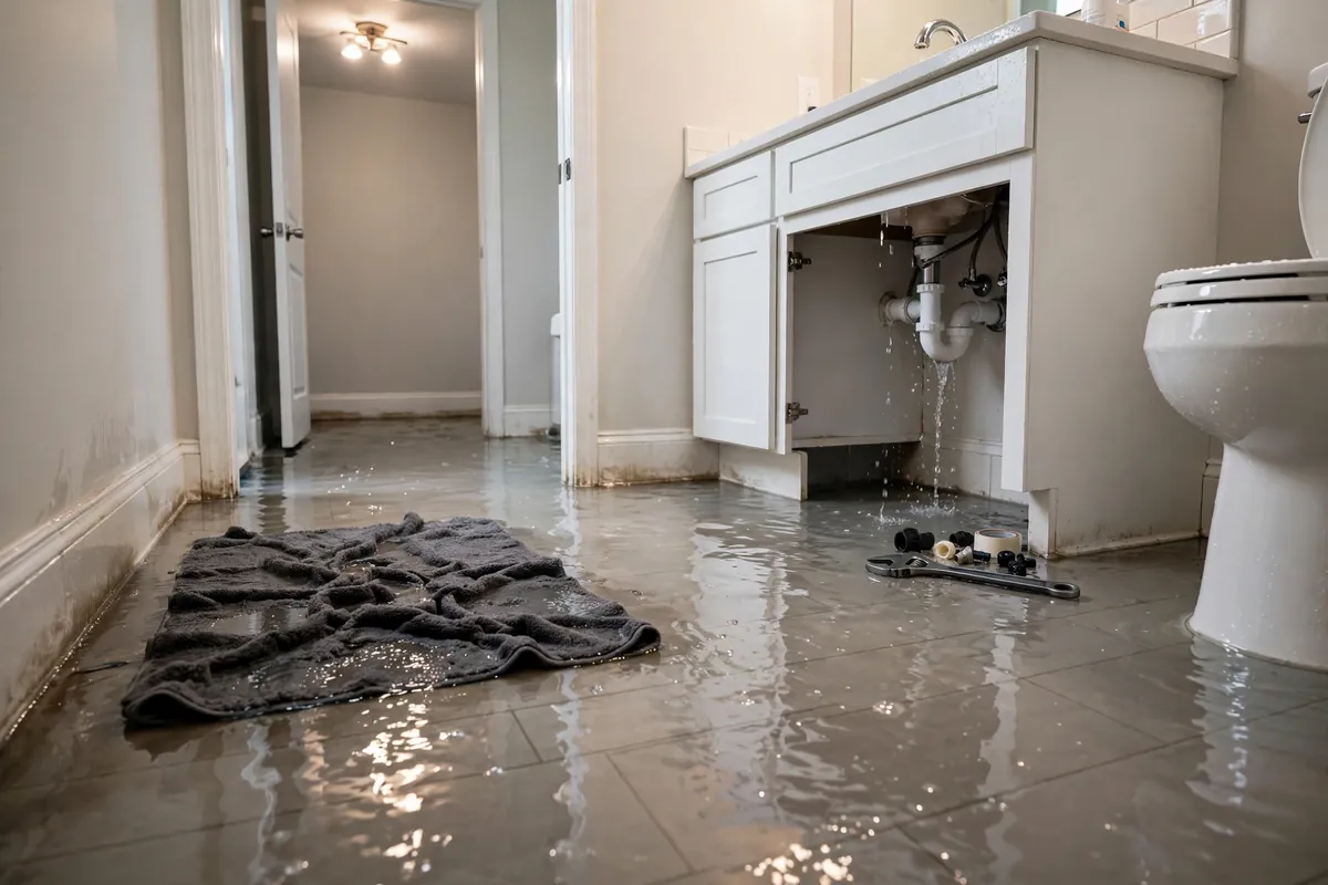 Bathroom floor covered in standing water from an active leak