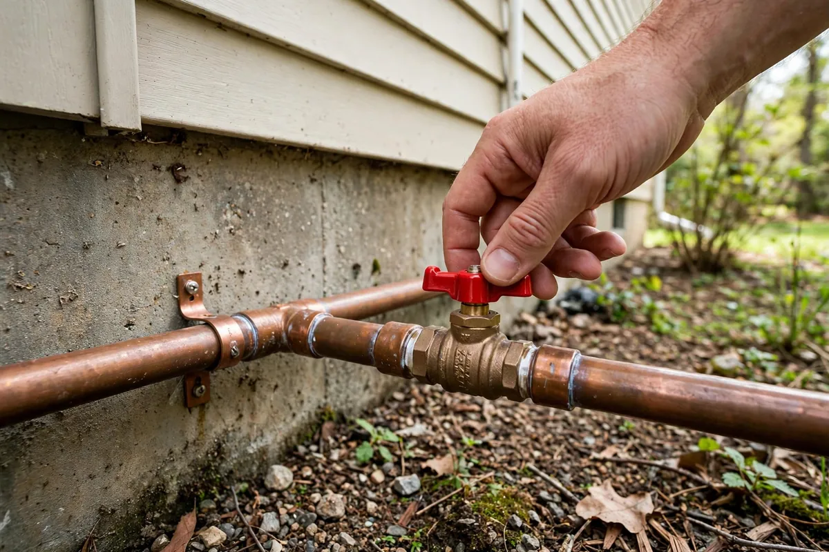 Hand turning a red-handled main water shutoff valve on a pipe outside a home