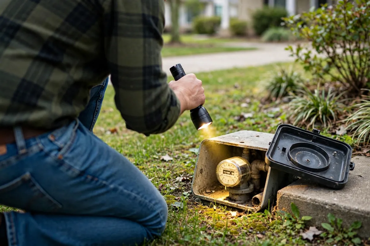 Homeowner checking the water meter with a flashlight to test for a hidden leak