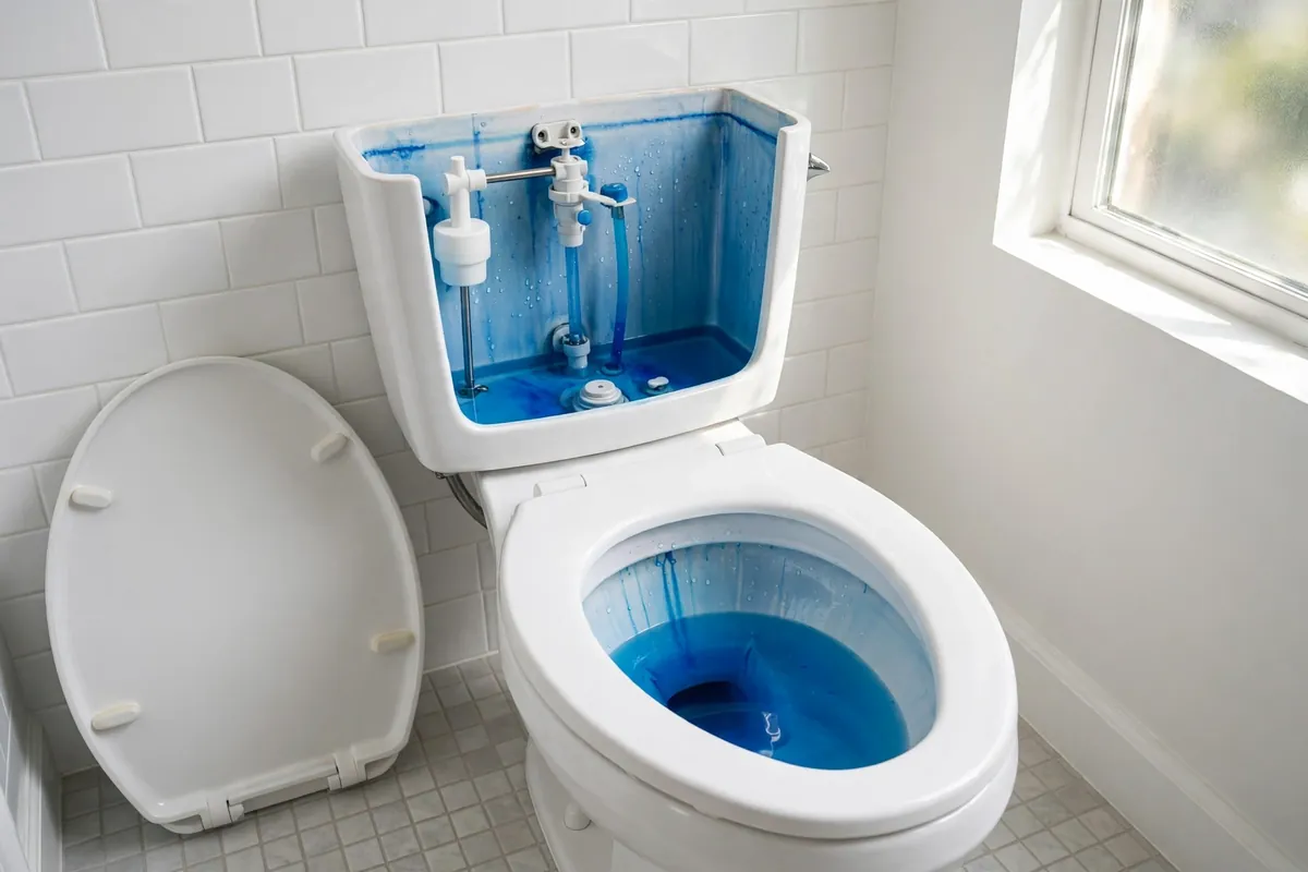 Toilet tank water tinted blue from a food-coloring dye test showing a leak into the bowl