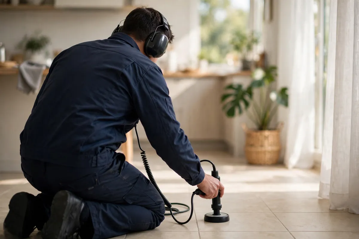 Technician wearing acoustic listening headphones with a ground microphone pressed to a tile floor in a Columbia home