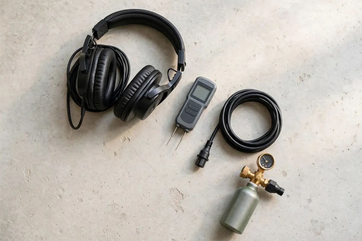 Leak detection tools laid out on a floor including acoustic headphones, a moisture meter, and tracer gas equipment
