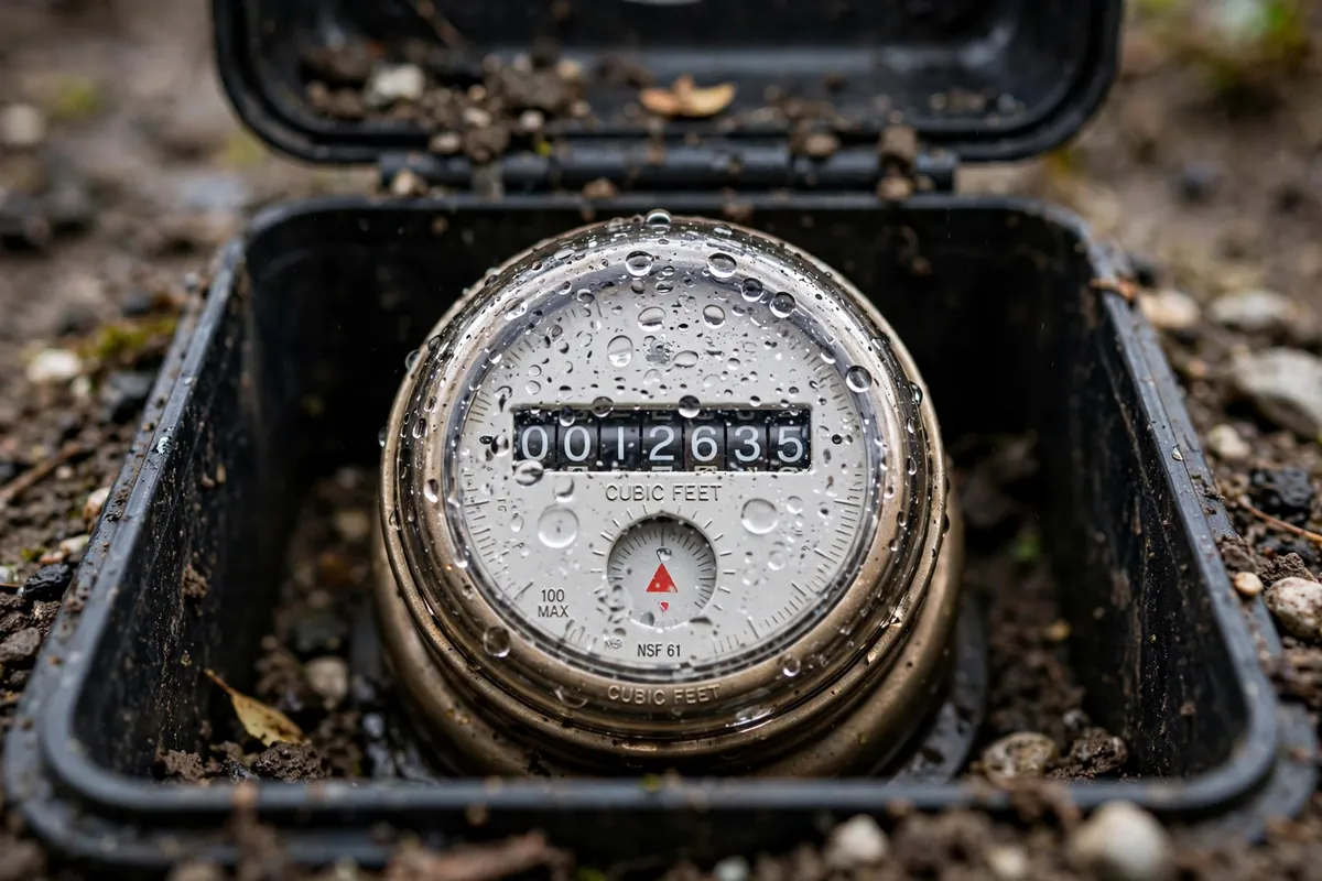 Close-up of a residential water meter register and leak-indicator triangle inside an outdoor meter box