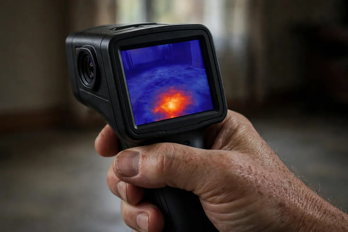 Technician holding a thermal imaging camera showing a warm spot on a concrete floor