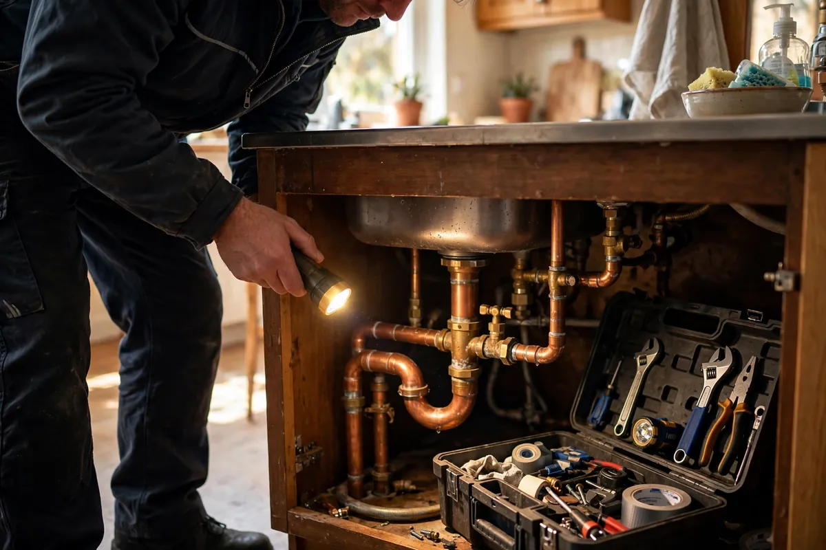 Technician inspecting copper pipes under a kitchen sink with a flashlight