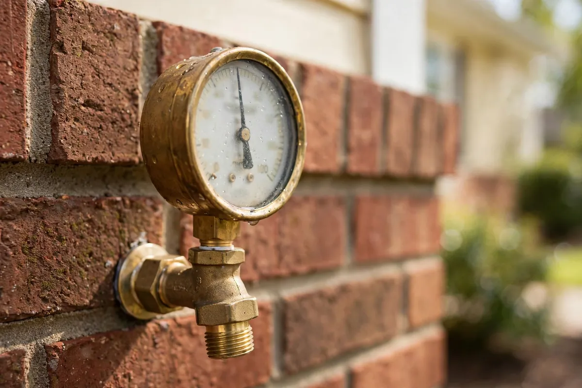 Water pressure gauge attached to an outdoor hose bib on a brick house