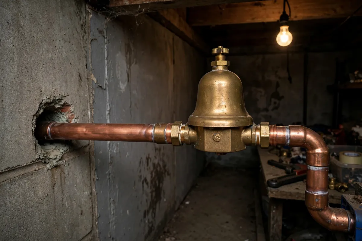 Brass pressure-reducing valve installed on copper water pipe in a utility room