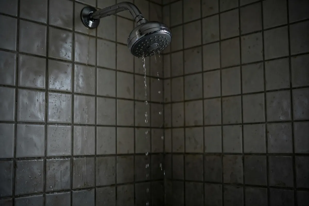 Shower head with a weak thin trickle of water in a tiled shower