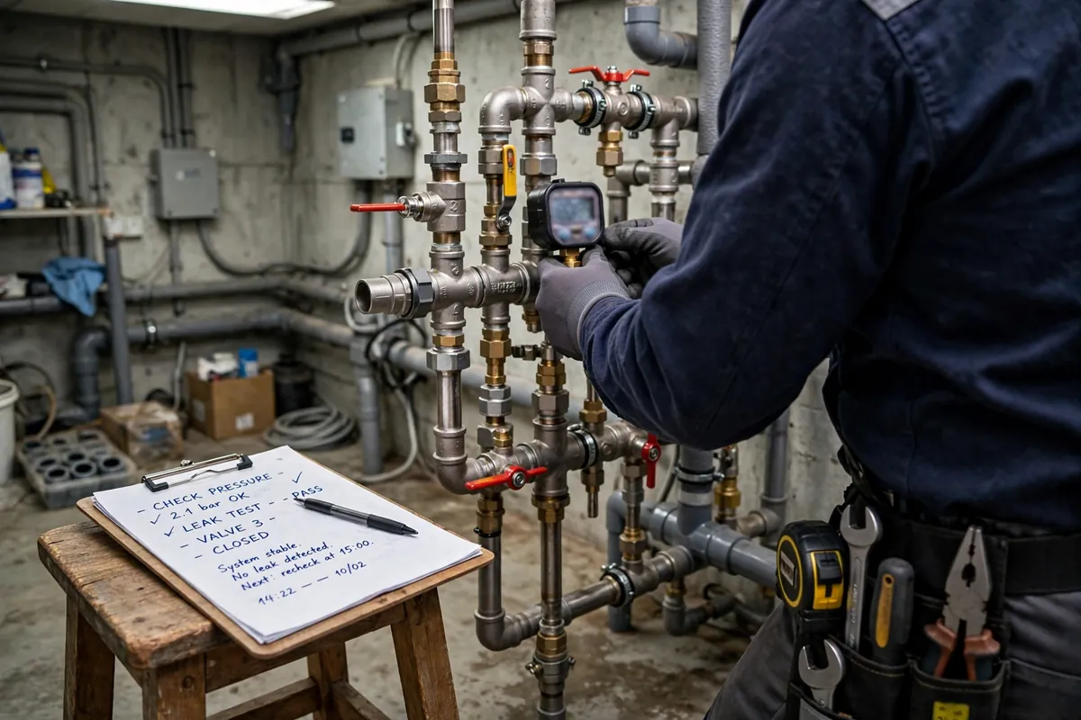 Technician confirming a leak with a pressure gauge on an indoor water pipe