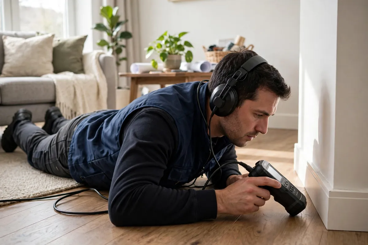 Technician using acoustic listening equipment on a living room floor