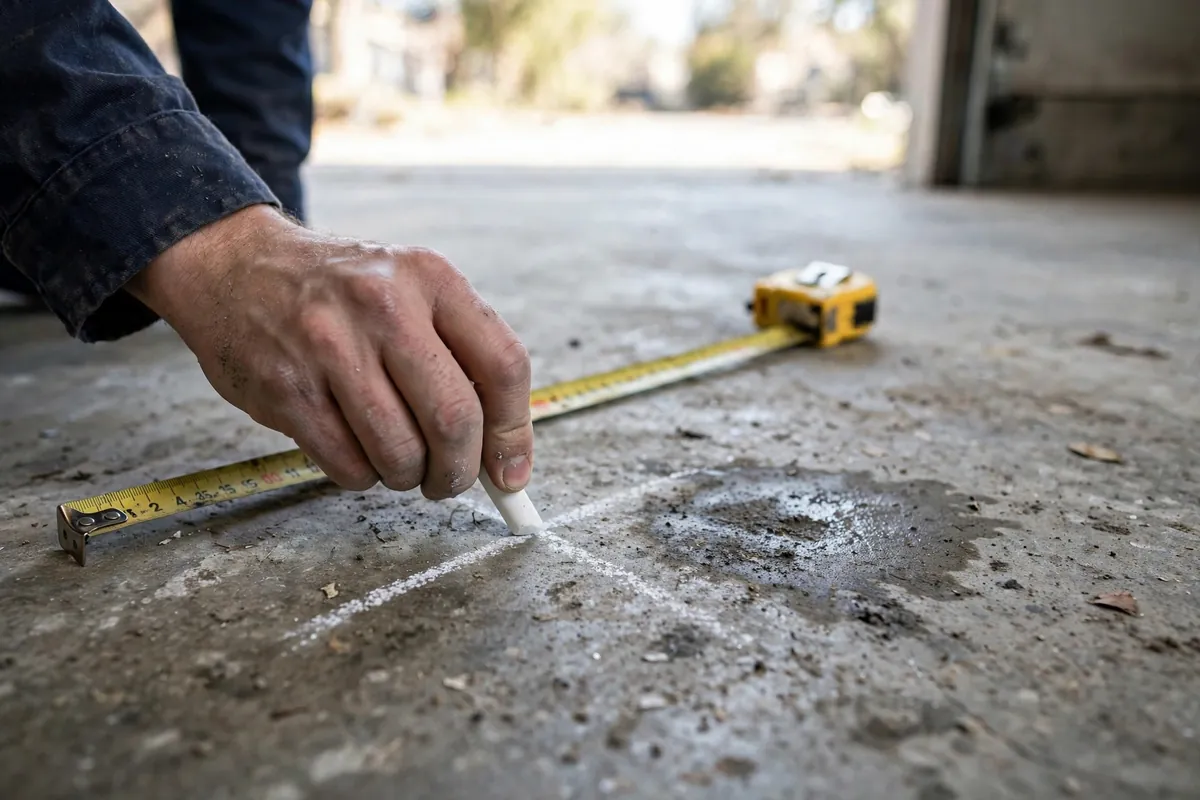 Technician marking a pinpointed leak location on a concrete floor with chalk
