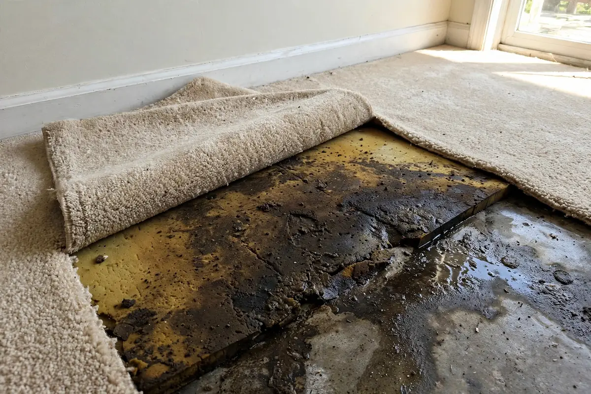 Carpet edge pulled back from a baseboard revealing damp padding over a slab