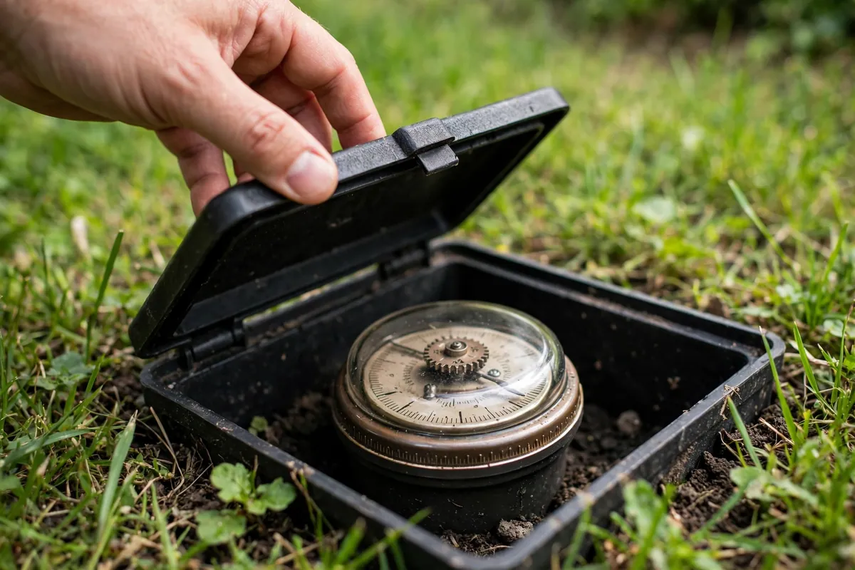 Homeowner opening a water meter box in the lawn to check for a leak