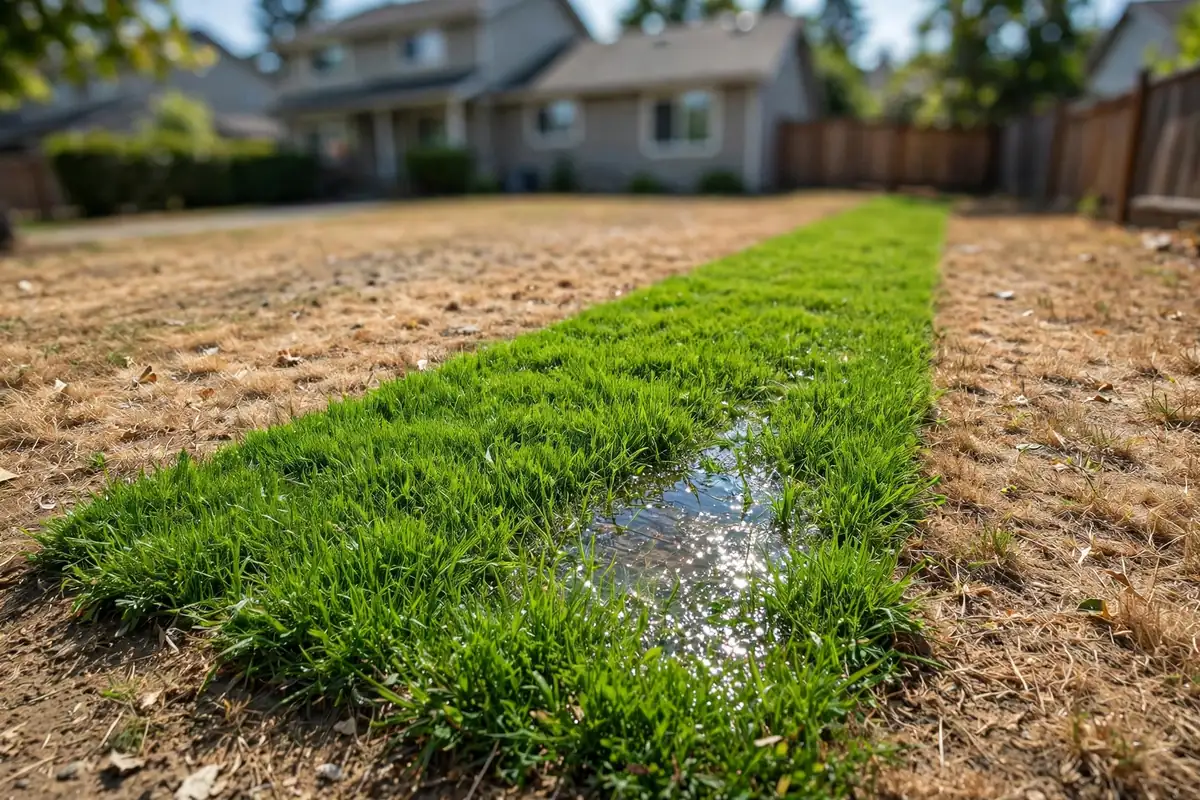 Suspiciously lush green strip of grass with standing water crossing a suburban lawn