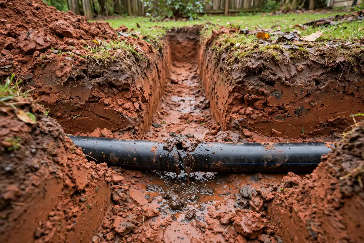 Hand-dug trench in clay soil exposing a black water service pipe with a break