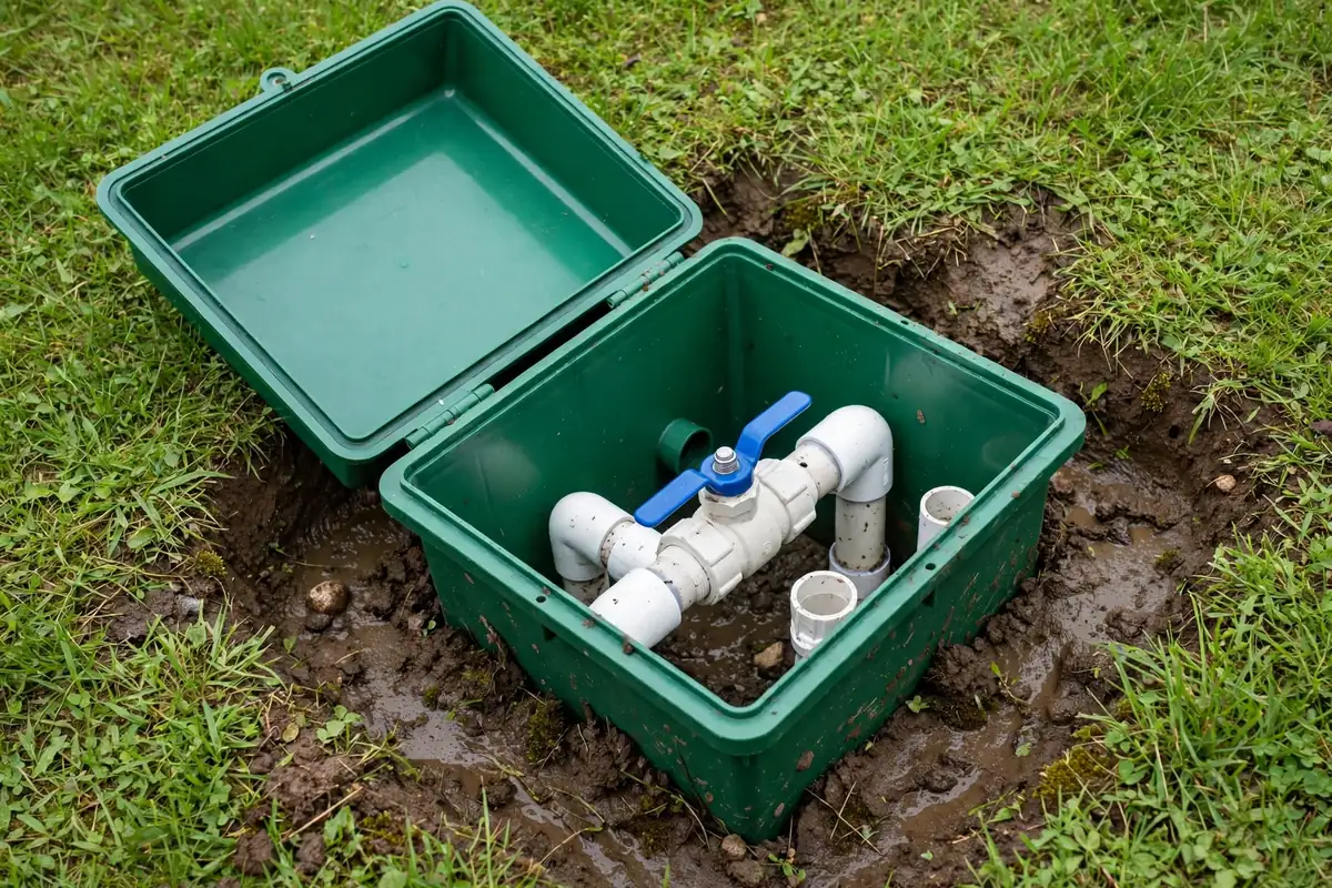 Open irrigation valve box in a lawn showing a blue-handled shutoff valve