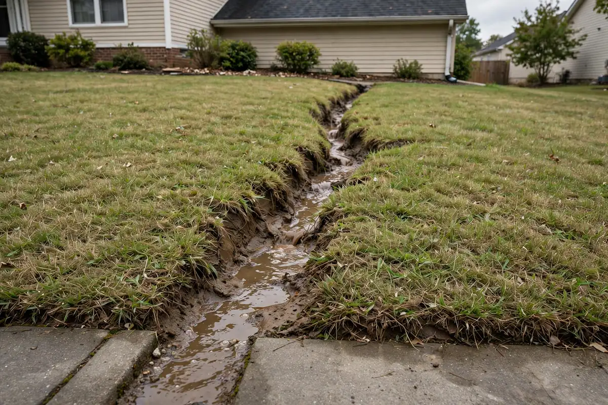 Soggy strip of lawn with water seeping up from an underground leak