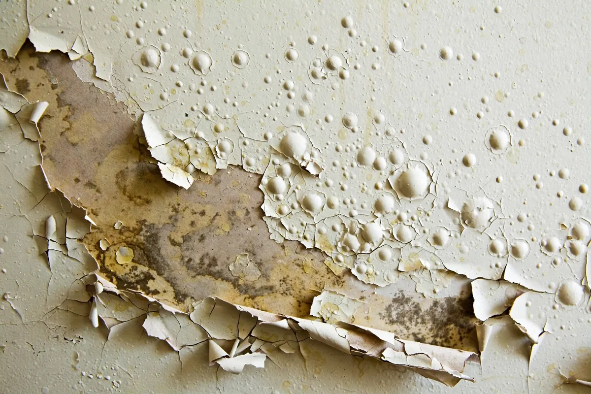Close-up of bubbling and peeling paint on a moisture-damaged interior wall
