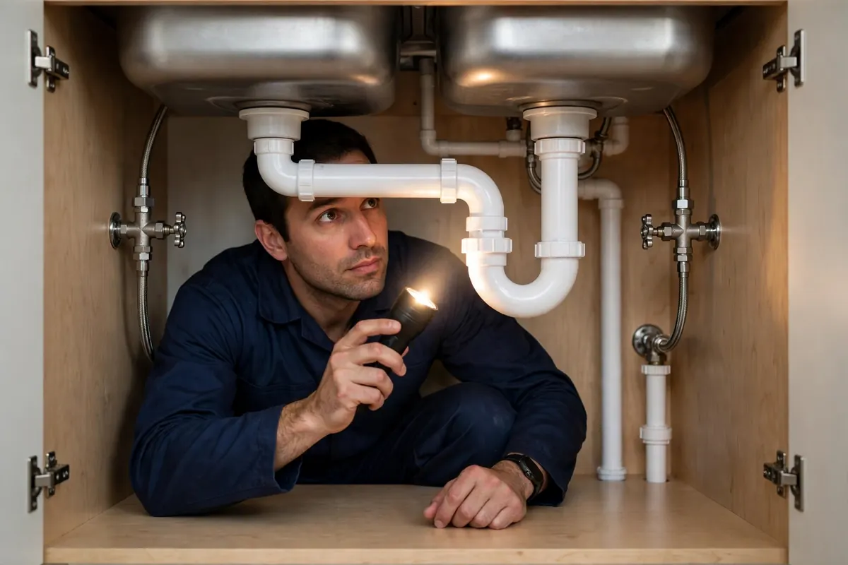 Technician inspecting under a kitchen sink with a flashlight during a residential leak detection visit