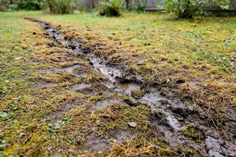 Soggy discolored patch of yard grass above where a sewer line runs, with a faint odor possible