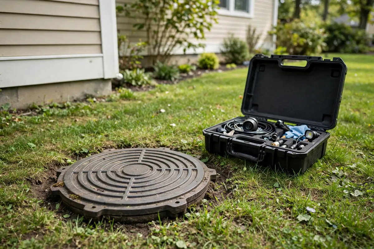 Outdoor sewer cleanout cap beside a house with inspection equipment nearby during a sewer line check