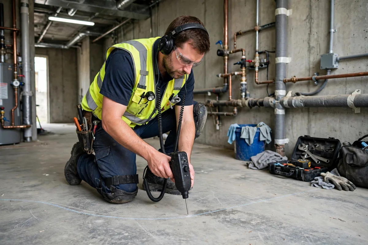 Technician using acoustic listening equipment on a concrete slab floor to trace an under-slab water line