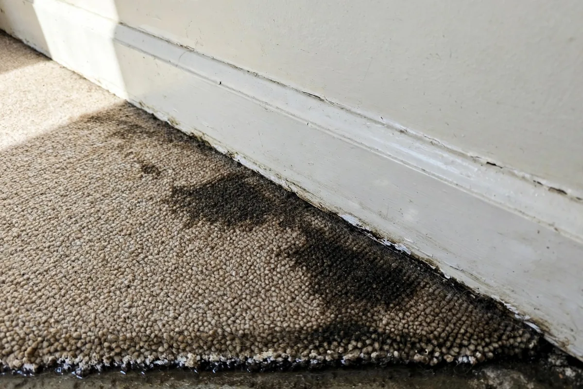 Damp darkened edge of carpet along a baseboard where moisture is wicking up through a concrete slab
