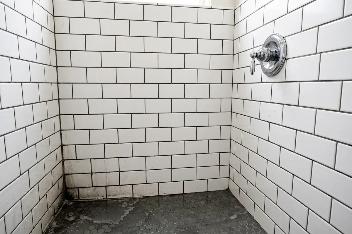 Tiled shower with damp grout lines and a wet corner