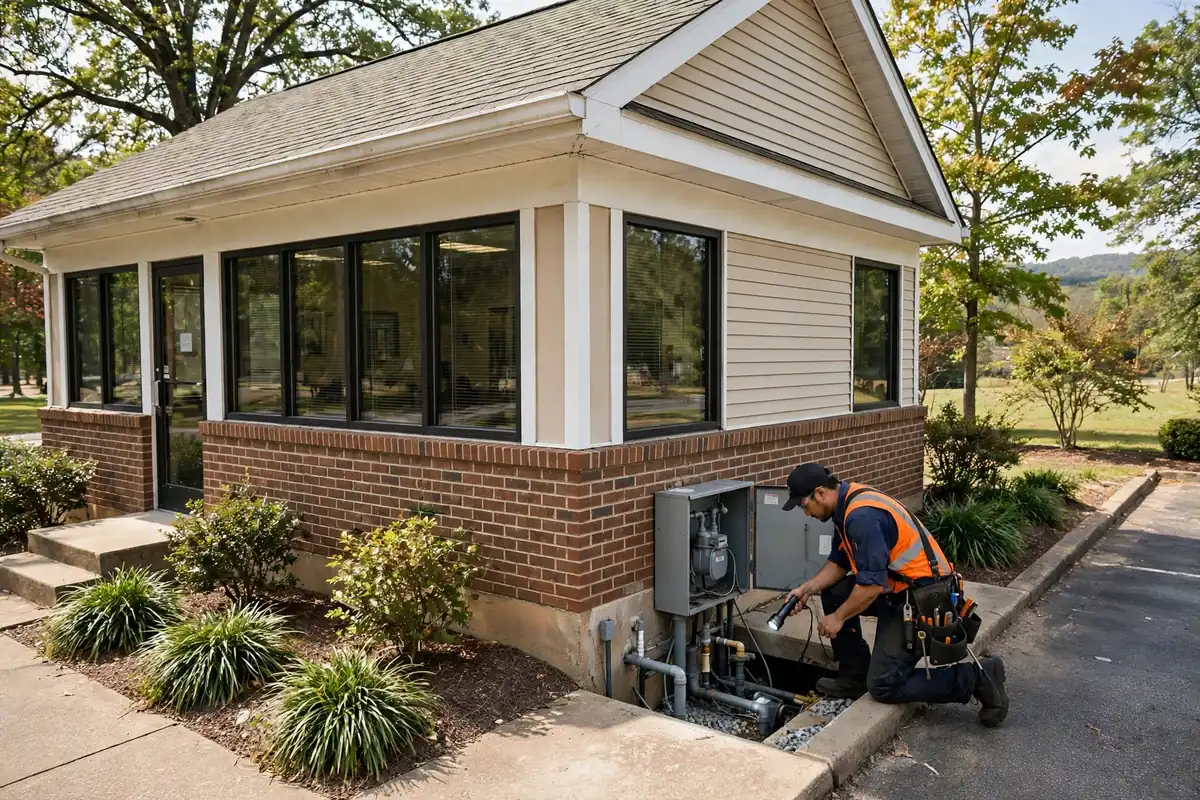 Commercial office building exterior with a technician at the utility area