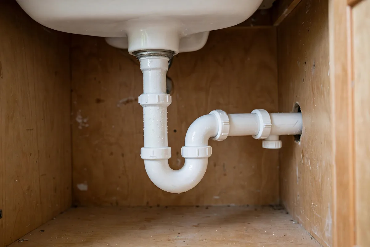 PVC drain pipes and trap assembly under a bathroom sink
