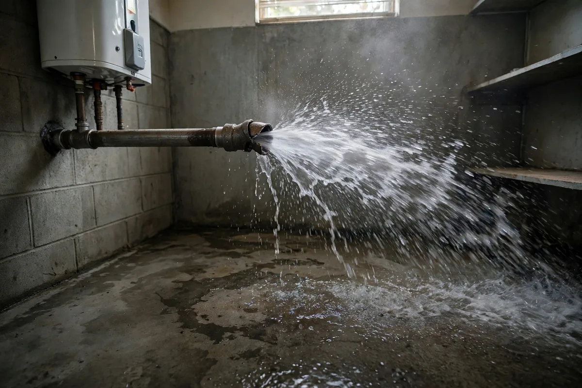 Water spraying from a burst pipe joint in a utility room