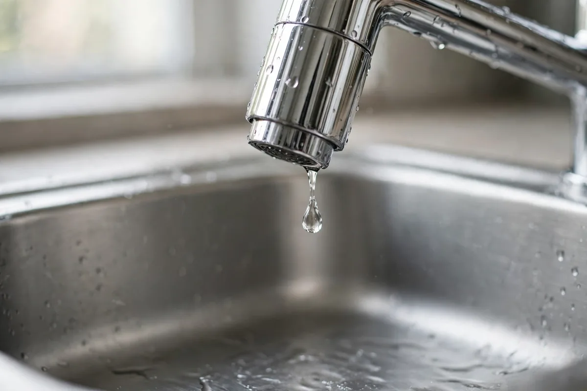 Chrome kitchen faucet with a droplet falling into a stainless sink