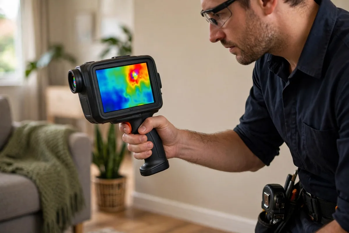 Thermal imaging camera scanning an interior wall for hidden moisture