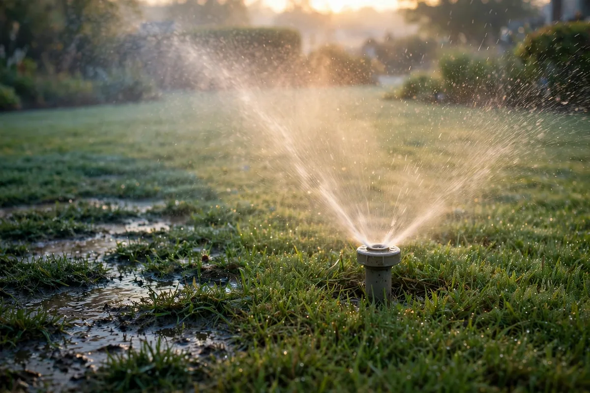 Pop-up sprinkler head misting over a lawn at sunrise