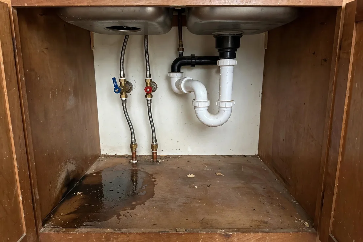 Under-sink kitchen cabinet with supply lines and a damp spot on the cabinet floor
