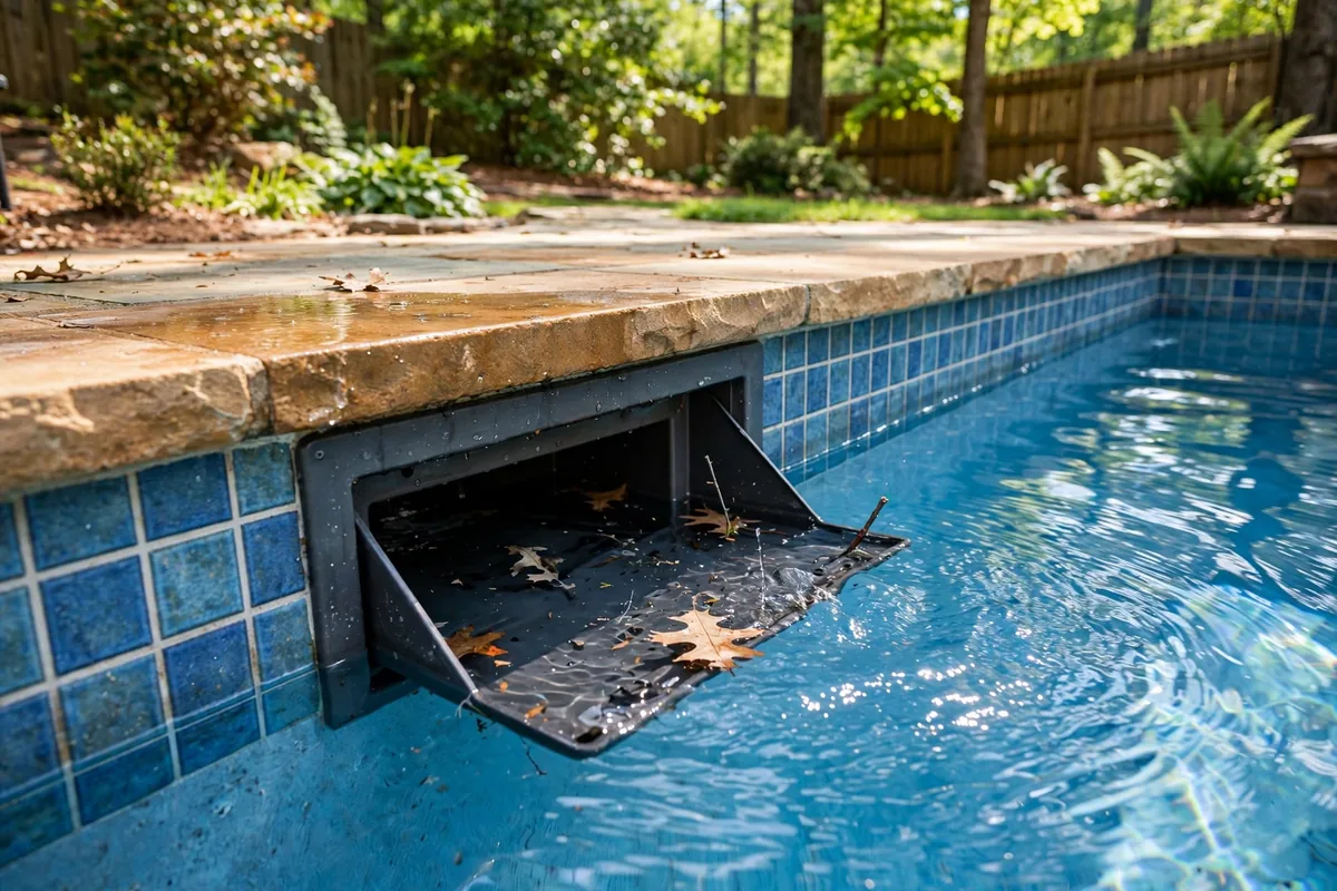Swimming pool skimmer with waterline tiles in a sunny backyard