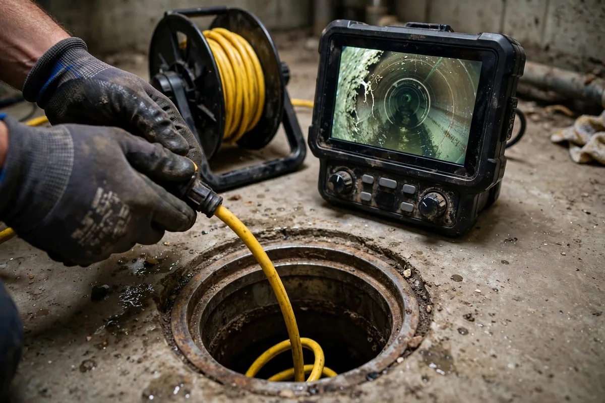 Sewer camera inspection monitor showing the inside of a drain pipe