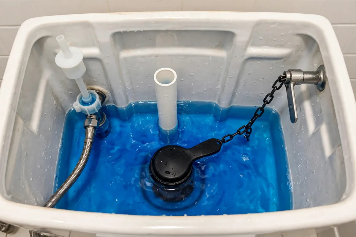 Toilet tank with blue dye test water showing tank internals