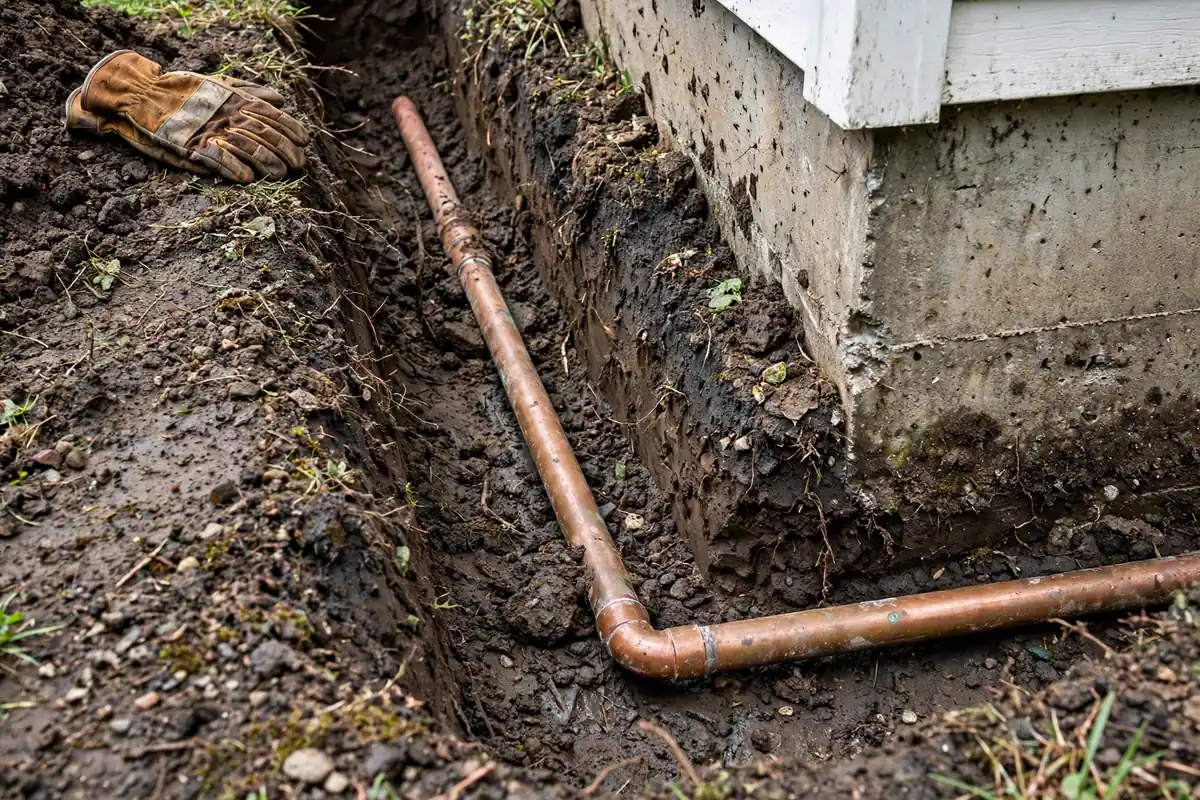 Exposed copper water pipe in a soil trench beside a house foundation
