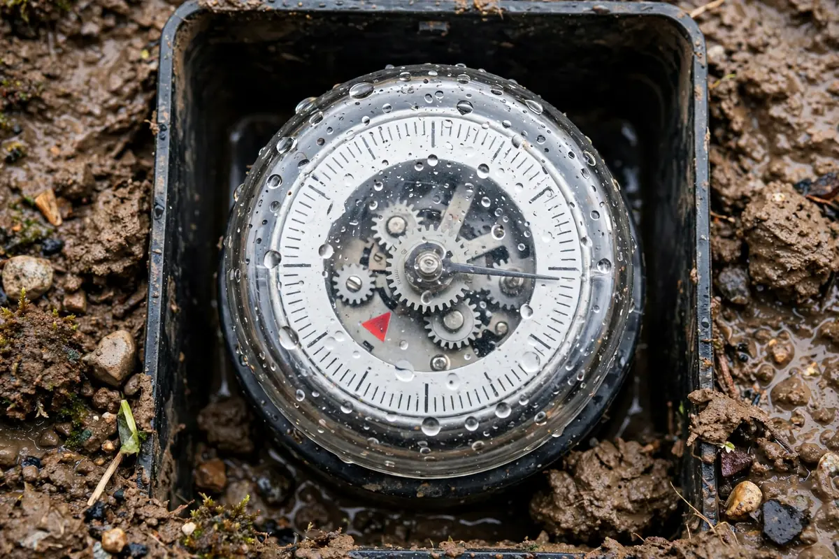 Water meter dial with leak-indicator triangle in a meter box