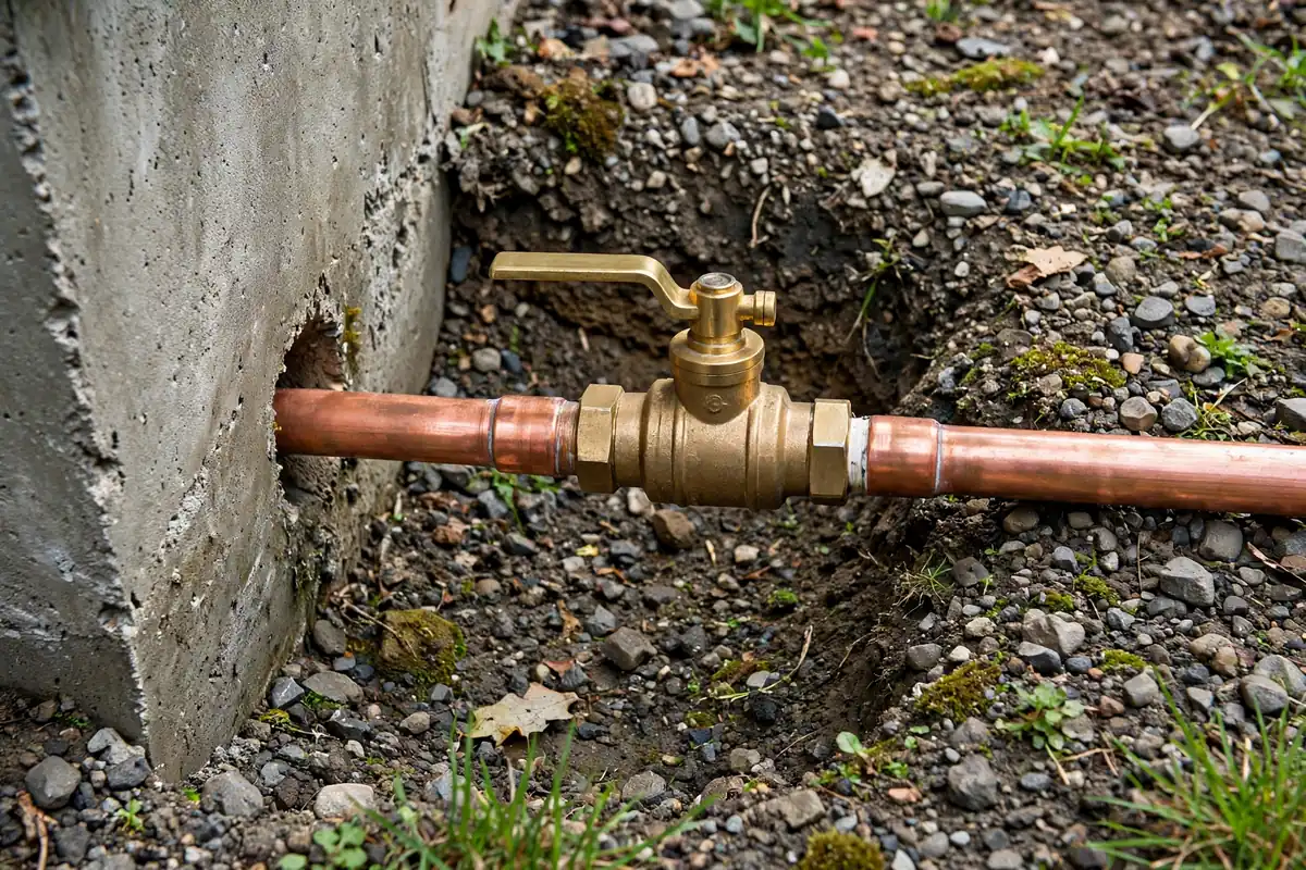 Brass main water shutoff valve on a service line entering a foundation