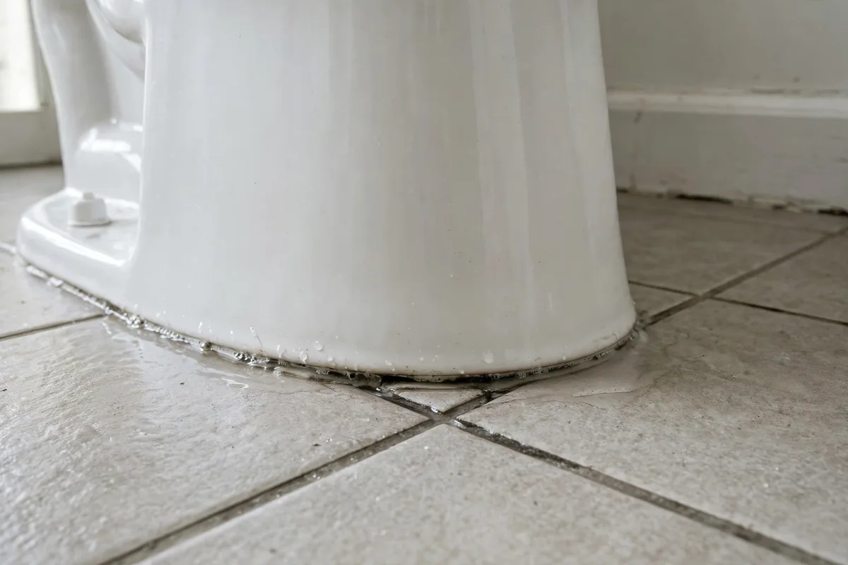 Base of a toilet where the floor meets the porcelain, checking for dampness indicating a seal leak